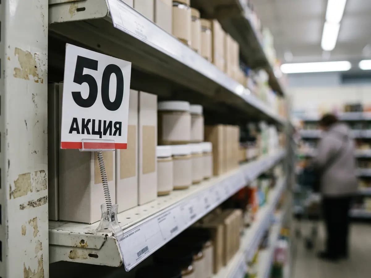 Акционный ценник «50» на полке торгового зала, за ним ряды товара