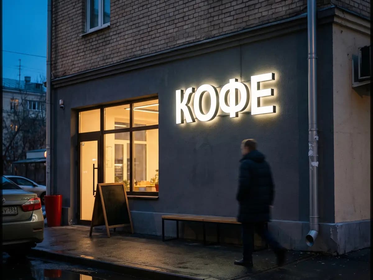 Светящиеся объёмные буквы «КОФЕ» на сером фасаде, вечер, прохожий у входа